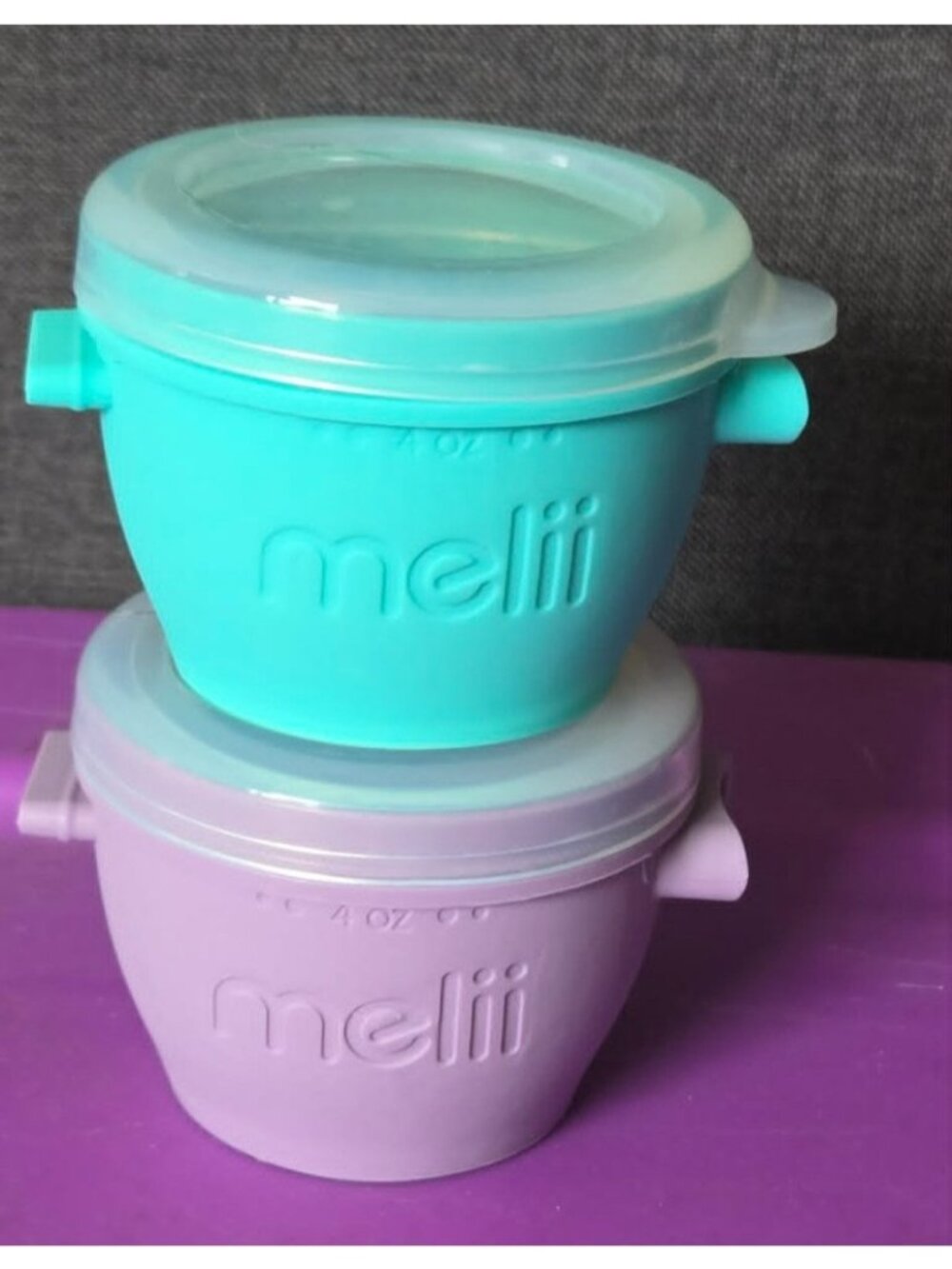 Melii Silicone Snack Containers 4oz w/ Lids Set of 2 Aqua Purple BPA Free